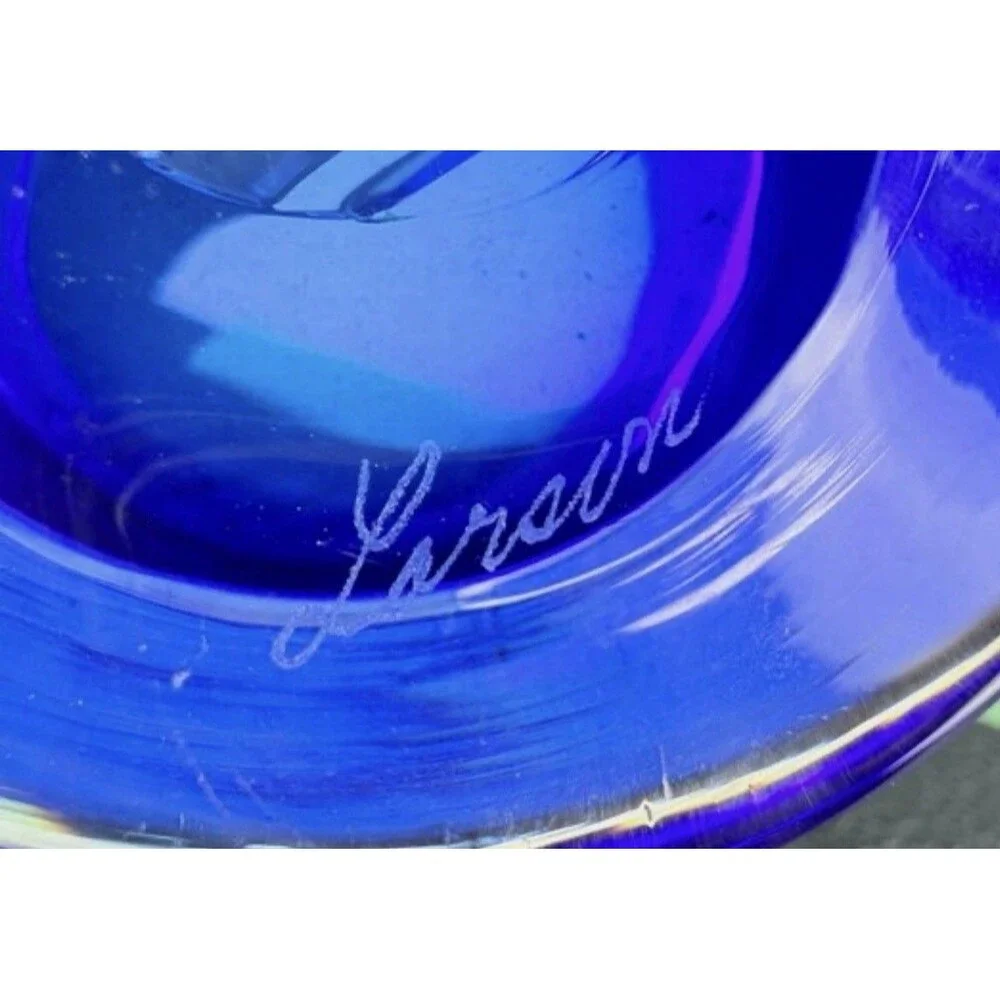 Arnold Larson Signed Cobalt Blue Etched Glass Bowl Hunting Dogs Pointers 7